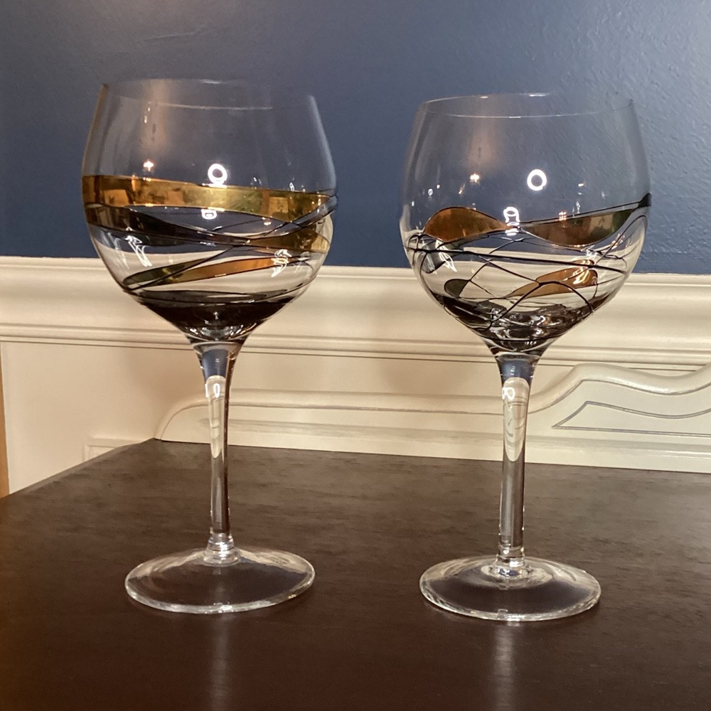 Pair of crystal, gold and black mosaic, balloon goblets from Romania